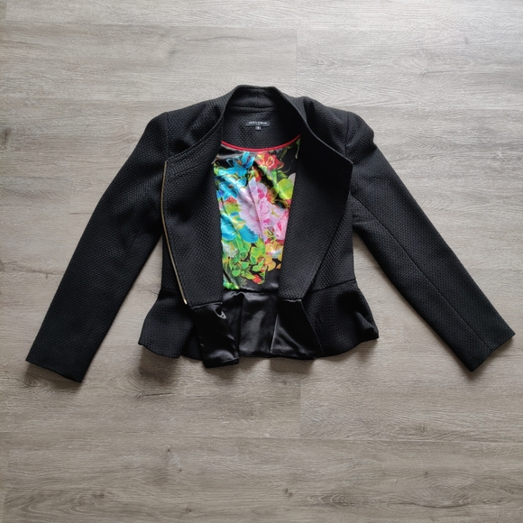 Mario Serrano Black Peplum Weave Pattern Zip-Up Blazer Jacket Size 8 - Picture 3 of 16